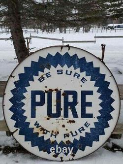 Vtg Pure Oil Gas Station Advertising Dsp Double Sided Porcelain Sign In Ring 60