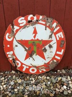 Vtg Texaco Gasoline Motor Oil Porcelain Orig 42 Double Sided Gas Station Sign