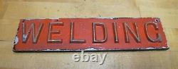 WELDING Old Double Sided Embossed Metal Sign Fabrication Repair Shop Advertising