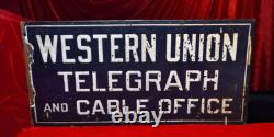 WESTERN UNION TELEGRAPH Sign 1930's Original Porcelain 24 x 12 DOUBLE SIDED