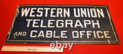 WESTERN UNION TELEGRAPH Sign 1930's Original Porcelain 24 x 12 DOUBLE SIDED