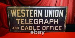 WESTERN UNION TELEGRAPH Sign 1930's Original Porcelain 24 x 12 DOUBLE SIDED