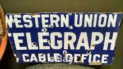 Western Union Telegraph And Cable Office Porcelain Double Sided Sign Rare