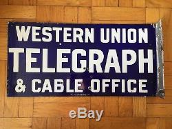 Western Union Telegraph and Cable Office Double Sided Flange Porcelain Sign
