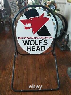 Wolf's Head Motor Oil Double Sided Metal Sign With Stand