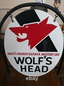 Wolf's Head Motor Oil Double Sided Metal Sign With Stand