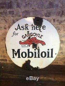 1930 Vintage Old Gargoyle Mobiloils Double Face Porcelaine Lollipop Connectez-oil Gas