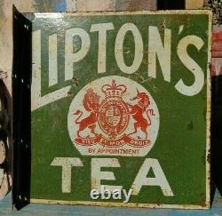 1930's Old Vintage Very Rare Double Sided Lipton Tea Porcelaine Émail Sign Board