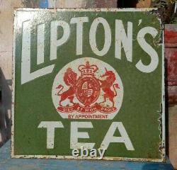 1930's Old Vintage Very Rare Double Sided Lipton Tea Porcelaine Émail Sign Board