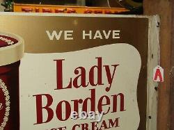 1955 Original Lady Borden Ice Cream Flange Double Face D'étain Panneau Publicitaire