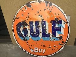 30 Dsp Gulf Oil Gas Station Signe Porcelain Double Face Rare Original