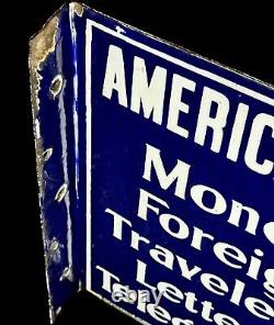 Antique 1914 Enamel Porcelaine American Express Panneau Bleu Colbalt À Double Side