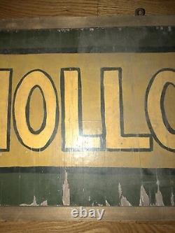 Antique C 1920s Peint À La Main Double Sided Wood Sign Green & Yellow Church Hollow