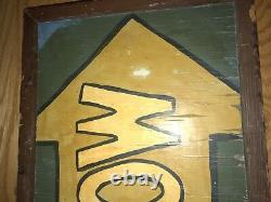 Antique C 1920s Peint À La Main Double Sided Wood Sign Green & Yellow Church Hollow