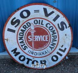 Antique Double Face Iso-vis Standard Oil Indiana Huile Moteur Publicité Ronde