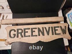 Antique Greenview Sign Wood Double Face Suspendu Motel Country Club