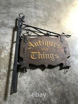 Antique Original Antiquités & Things Double-sided Magasin Bois Et Métal Signe + Lumière