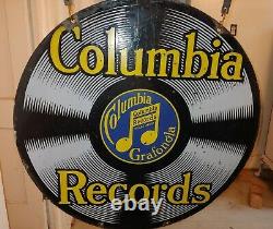 Antique Originale Columbia Records Porcelain Double Sided Signe Avec Support