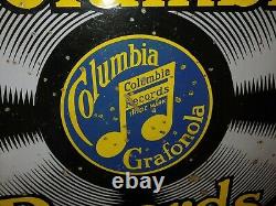 Antique Originale Columbia Records Porcelain Double Sided Signe Avec Support