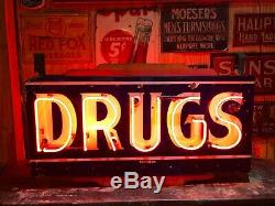 Antique Originale Drogues Double Face Porcelain Neon Sign Vintage Pharmacie