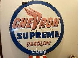 Chevron Supreme Gasoline Double Sided Porcelain Sign 33.5 Chevron Supreme Gasoline Double Sided Porcelain Sign 33.5 Chevron Supreme Gasoline Double Sided Porcelain Sign 33.5 Chevron Supreme