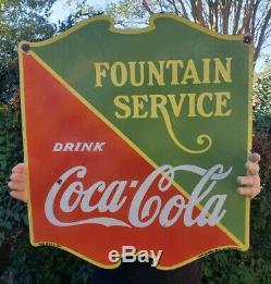 Coca Cola Fountain Service Porcelaine Sign (daté 1933) Double Face 22 1 / 2x25