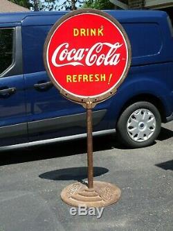 Coca-cola Lollipop Porcelain Double Face Sign Avec Base. 1946. Magnifique