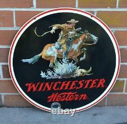 Énorme 38 Vintage Winchester Western Double Face Signe Dealer Co Métal Stout Connectez-vous