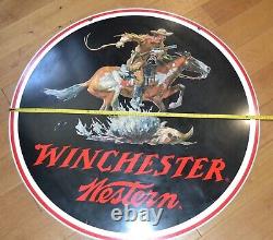 Énorme 38 Vintage Winchester Western Double Face Signe Dealer Co Métal Stout Connectez-vous