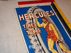 Enseigne à bride double face vintage en porcelaine et métal Hercules Tires & Tubes pour essence et huile