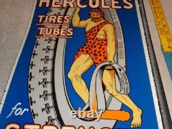 Enseigne à bride double face vintage en porcelaine et métal Hercules Tires & Tubes pour essence et huile