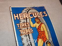 Enseigne à bride double face vintage en porcelaine et métal Hercules Tires & Tubes pour essence et huile