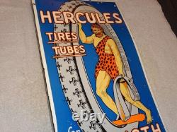Enseigne à bride double face vintage en porcelaine et métal Hercules Tires & Tubes pour essence et huile