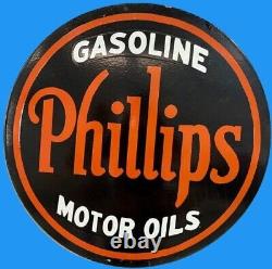 Enseigne émaillée Phillips Motor Oil en porcelaine, dimensions 30x30 pouces, double face.