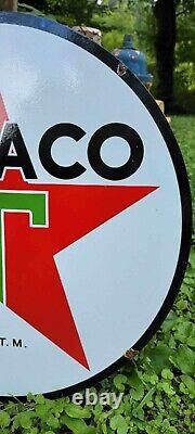 Enseigne publicitaire TEXACO en porcelaine et métal double face pour l'essence à vendre 24 heures