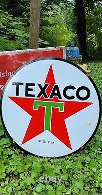 Enseigne publicitaire TEXACO en porcelaine et métal double face pour l'essence à vendre 24 heures