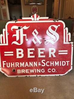 F & S Bière En Porcelaine Double Face Sign Fuhrmann & Schmidt Brewing Co Shamokin Pa