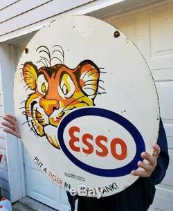 Géant 30 Double Face Esso Tiger Porcelain Signe Oil Gas