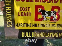 Grand Old Vintage Double Sided Bull Brand Feeds Farm Porcelaine Heavy Metal Sign