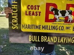 Grand Old Vintage Double Sided Bull Brand Feeds Farm Porcelaine Heavy Metal Sign