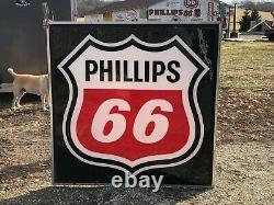Grand Original Phillips 66 Signe Double Sided Dans Hanger Vintage Gas Oil Station