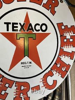 Grand Vintage''texaco ' ' Double Face 30 Pouces Avec Support En Porcelaine Signe De Nice