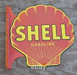 Grand panneau en porcelaine émaillée double face Shell Gasoline vintage 17 x 17