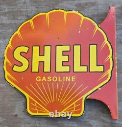 Grand panneau en porcelaine émaillée double face Shell Gasoline vintage 17 x 17