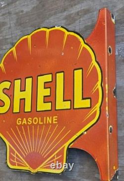 Grand panneau en porcelaine émaillée double face Shell Gasoline vintage 17 x 17