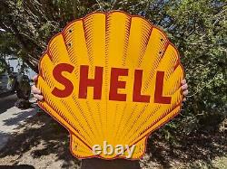 Grande enseigne de pompe à essence en métal émaillé double face de Shell Gasoline de collection 24