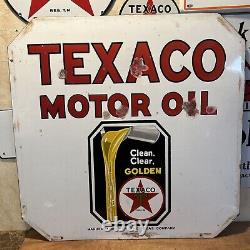 Grande enseigne en porcelaine double face 'Texaco Motor Oil' originale de 30x30 pouces pour bordure de trottoir