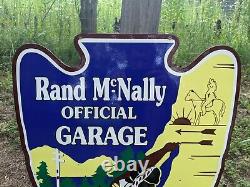 Grande vieille enseigne de pompe à essence en métal et porcelaine des garages Rand McNally double face Indian