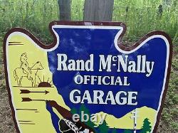 Grande vieille enseigne de pompe à essence en métal et porcelaine des garages Rand McNally double face Indian