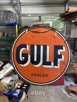 Gulf Dealer Service Station 6 Pieds. Plaque De Porcelaine Métallique Double Côté Deux Côtés